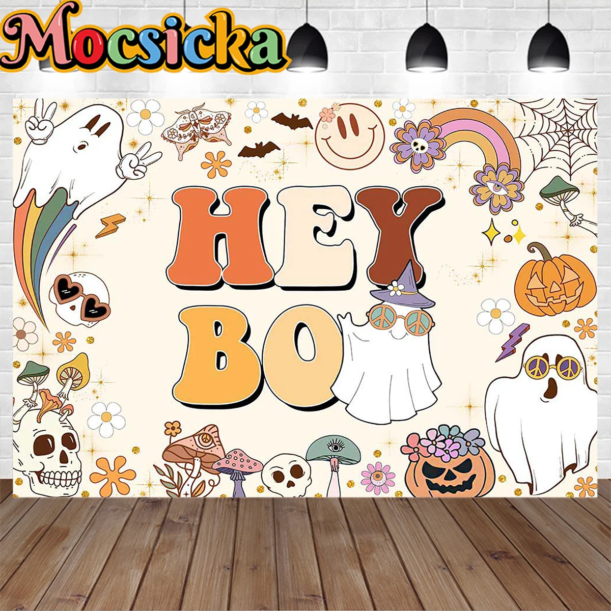 

Hey Boo Spooky Baby Shower Flower Backdrop Halloween Pumpkin Skull Rainbow Decor Background Newborn Girl Birthday Party Booth