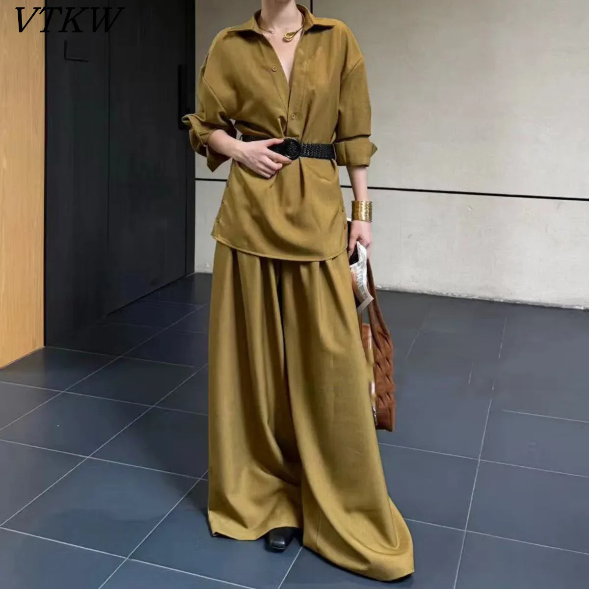 

VTKW Solid Color Deep V Strap Waist Cinching Design 2025 Spring New Women's Blazer High-quality Loose Pants Two-piece Set