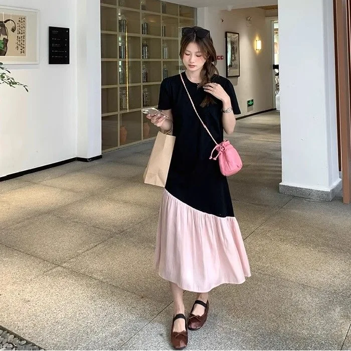 Casual Style Women's Short Sleeve Dress Irregular Color Block Loose Fit round Neck T-Shirt Long Skirt New Style Thin Gauze