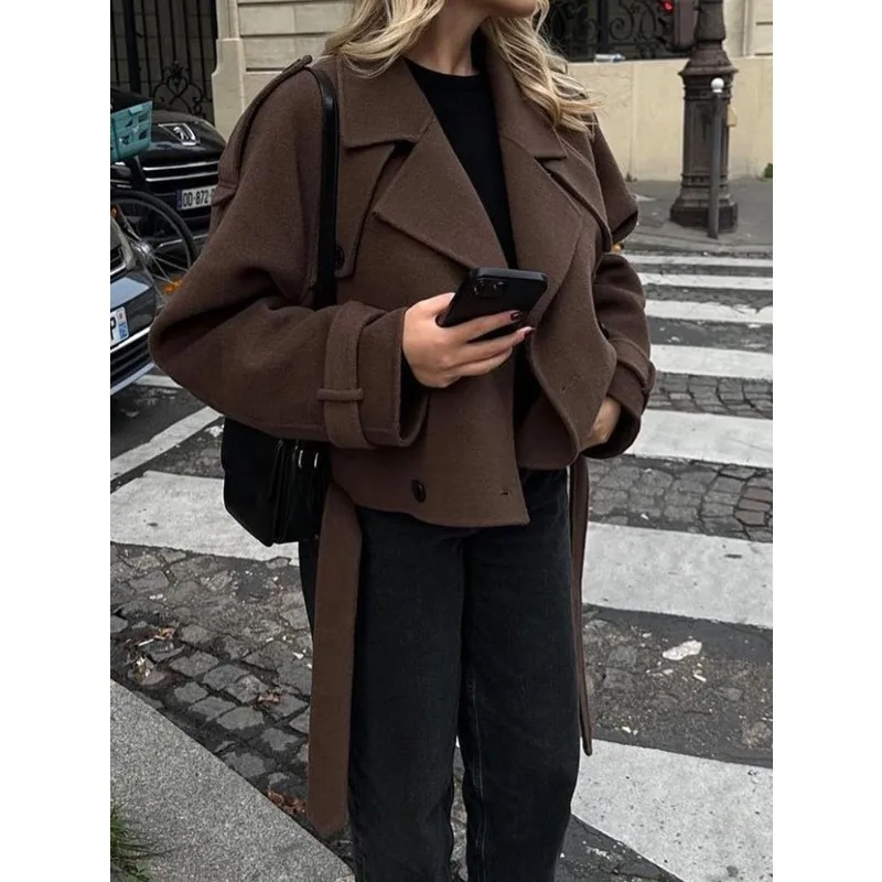 

Tinaa Vintage Brown Short Coats 2025 Winter Thick Warm Loose Fit Notched Double Breasted Tied-hem Out Going Overwear 192775