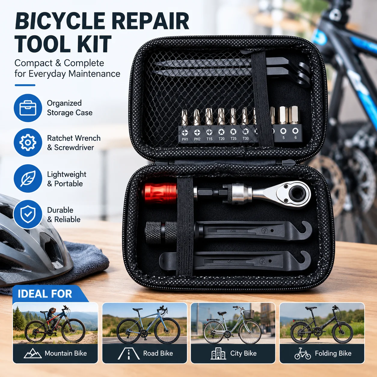 Portable Bike Repair Tool Kit, Bicycle Maintenance Set with Ratchet Wrench Screwdriver, Lightweight Cycling Tools for Home Works