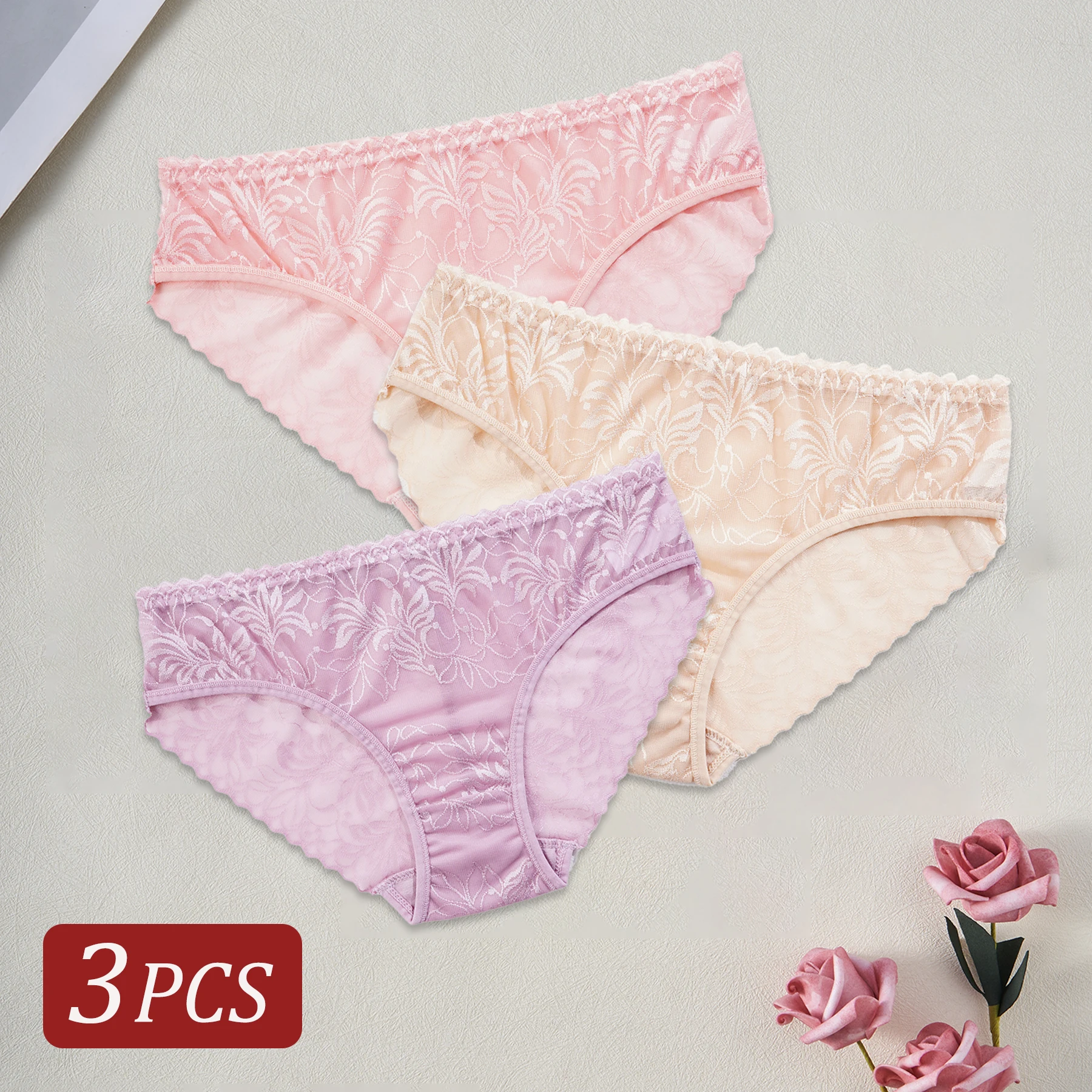 3PCS frauen Unterwäsche Semi-sheer Sexy Spitze Blumen Höschen Einfarbig Aushöhlen Atmungsaktive Briefs Elegante Weibliche dessous
