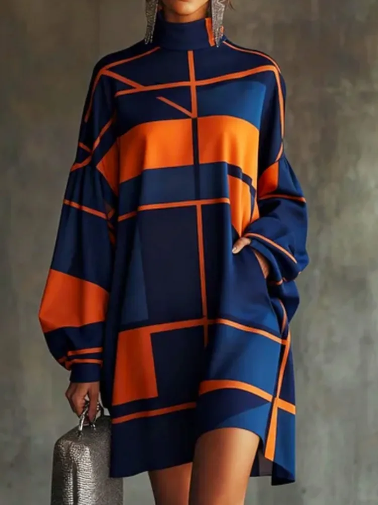 UOOZEE Women's High Neck Oversized Short Dress 2026 New Trendy Puff Sleeves Geometric Printed Pockets Casual Party Mini Dresses