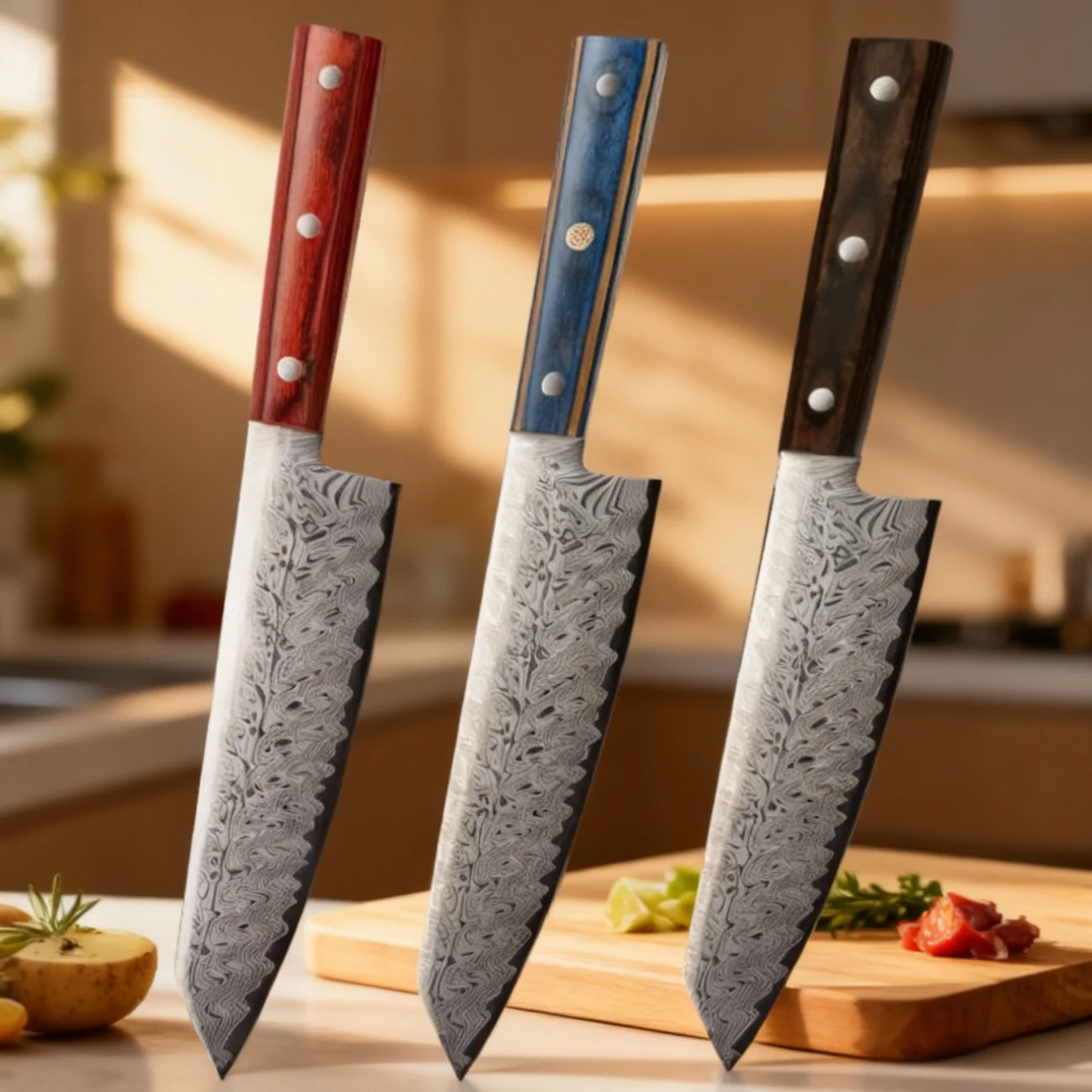 

Professional kitchen knife, Damascus pattern chef's knife, sharp Japanese Santoku knife, kitchen knife, solid wood handle knife