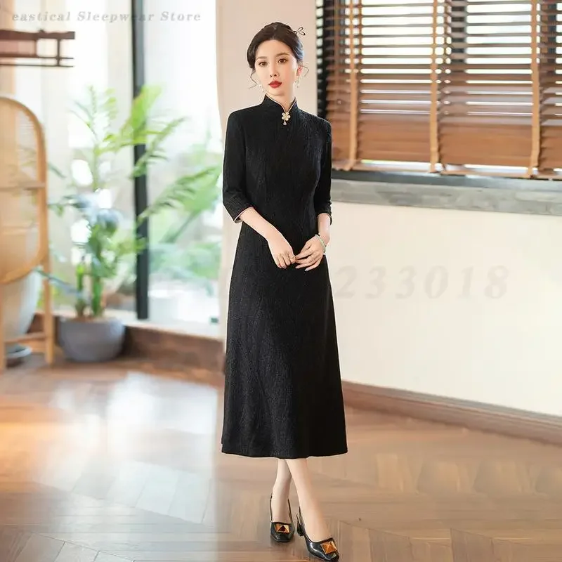 

Китайский стиль, национальный элегантный Ципао, черный винтажный Cheongsam, женское весенне-летнее вечернее платье, традиционное платье M-4XL