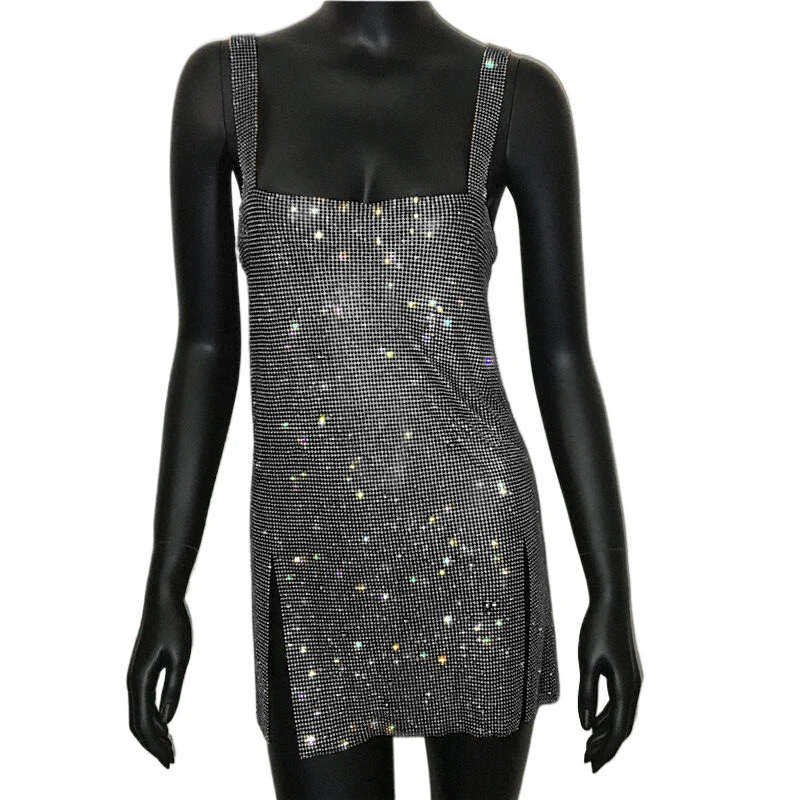Glitzerndes Strass-Mesh-Minikleid für Damen – Sexy, geschlitztes, ärmelloses, rückenfreies Bodycon-Kleid für Club, Party und Abend – Neu 2026 – Bodycon-Nachtkleid – Detail 8