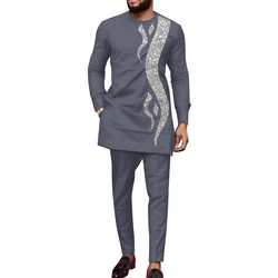 Bazin Riche African Clothes for Men 2 Pieces Set Long Sleeve Shirt and Trousers Dashiki Men Suits African Men Boubou Wyn1588