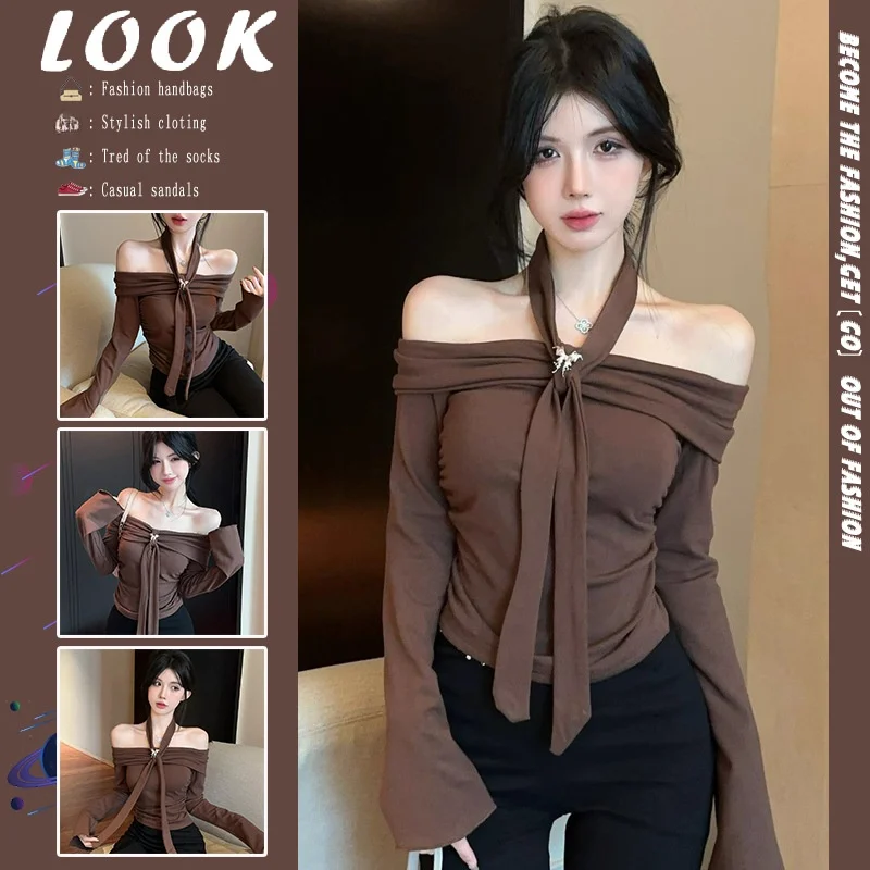 Shoulder Bared Long Sleeve Women's T-shirt Micro Flared Pants Neck Hanging  Print Base Shirt Autumn Winter New Style