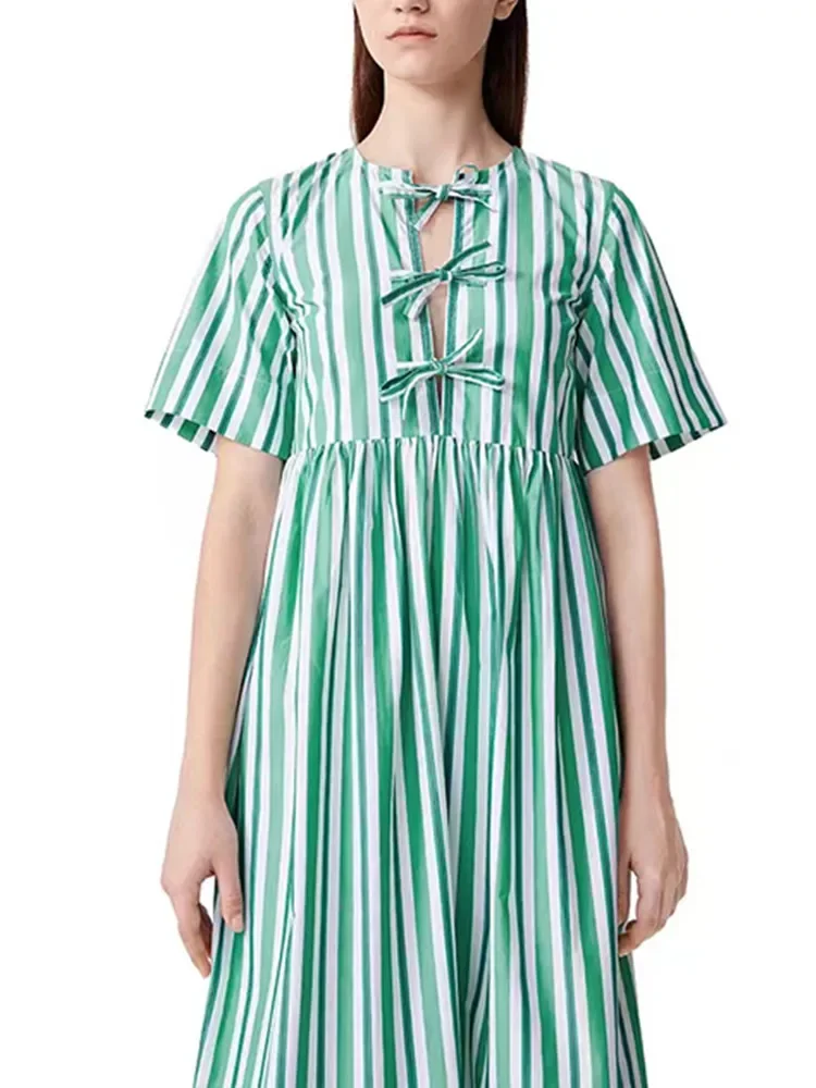 

Women Fashion Bowknot Stripes Midi Dress 100% Cotton Short Sleeve O-Neck High Waist Loose Ladies Straight Robe Summer New 2024