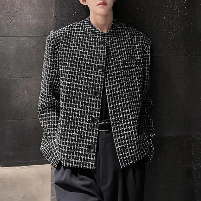INCERUN Men Plaid Jackets Stand Collar Long Sleeve Elegant Male Coats Streewear Button 2025 Fashion Casual Men Jackets Outerwear