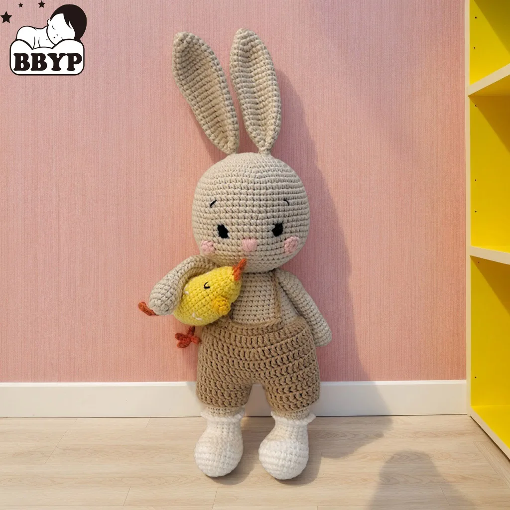 Crochet for Baby Handmade Animation Knit The Rabbit Holding Chick Stuffed Animal Sleeping Buddy Newborn Photo Prop Birthday Gift