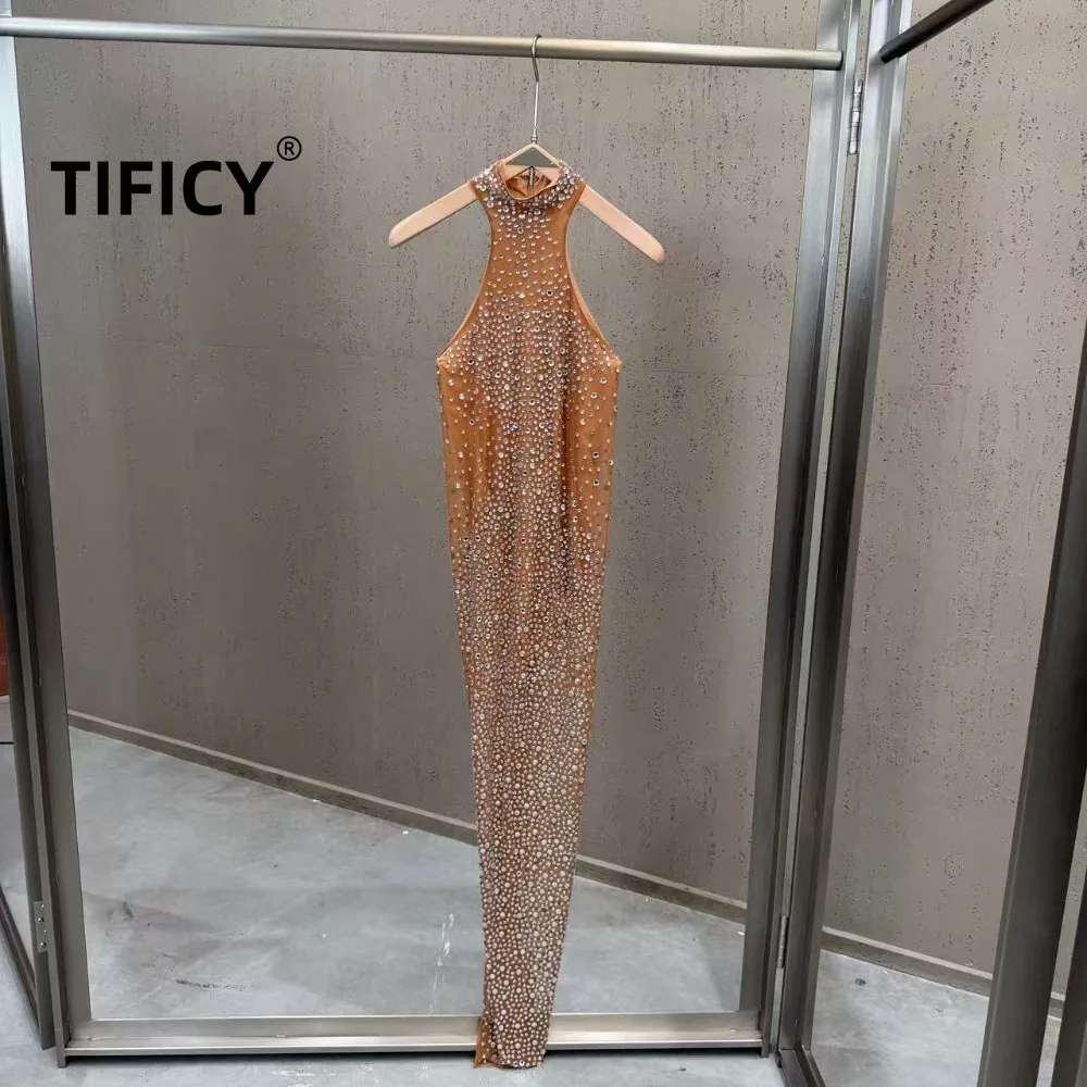 

High Street Dresses Hot Stamping Diamond Elastic Mesh Neck Hanging Dress Women Slim Fit Hip Hugging Luxury Dress