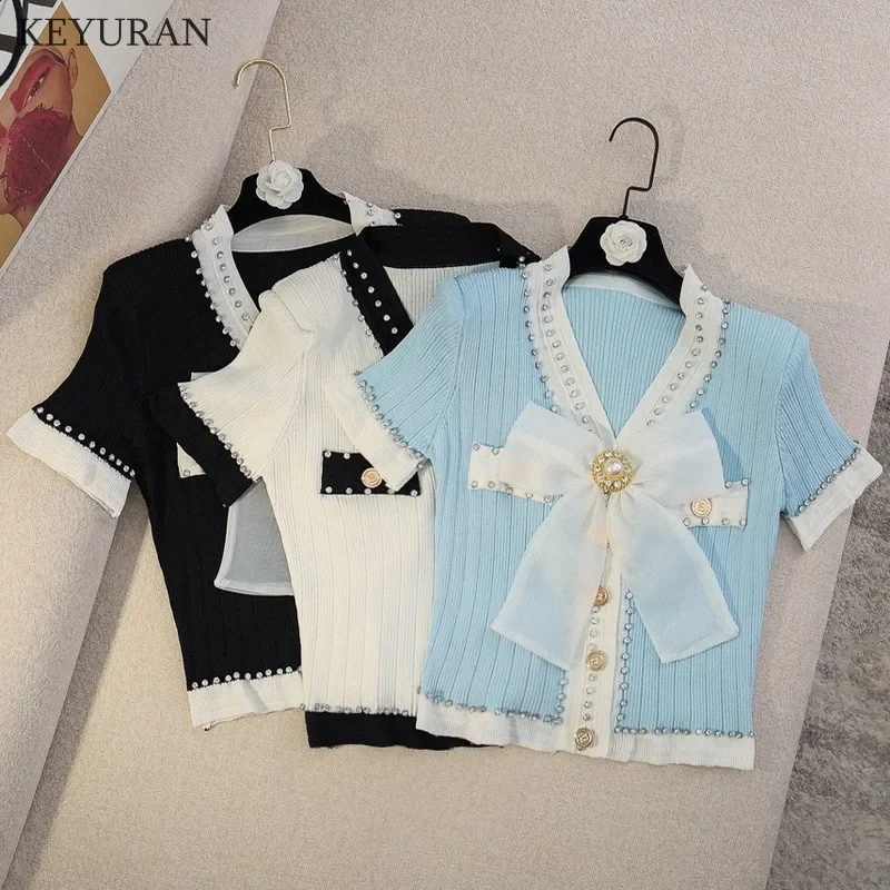 

Summer Knitted Cardigan Women Korean Chic Bow Heavy Diamonds Single Breasted Short Sleeve Outwear Knit Crop Tops Femme T Shirts
