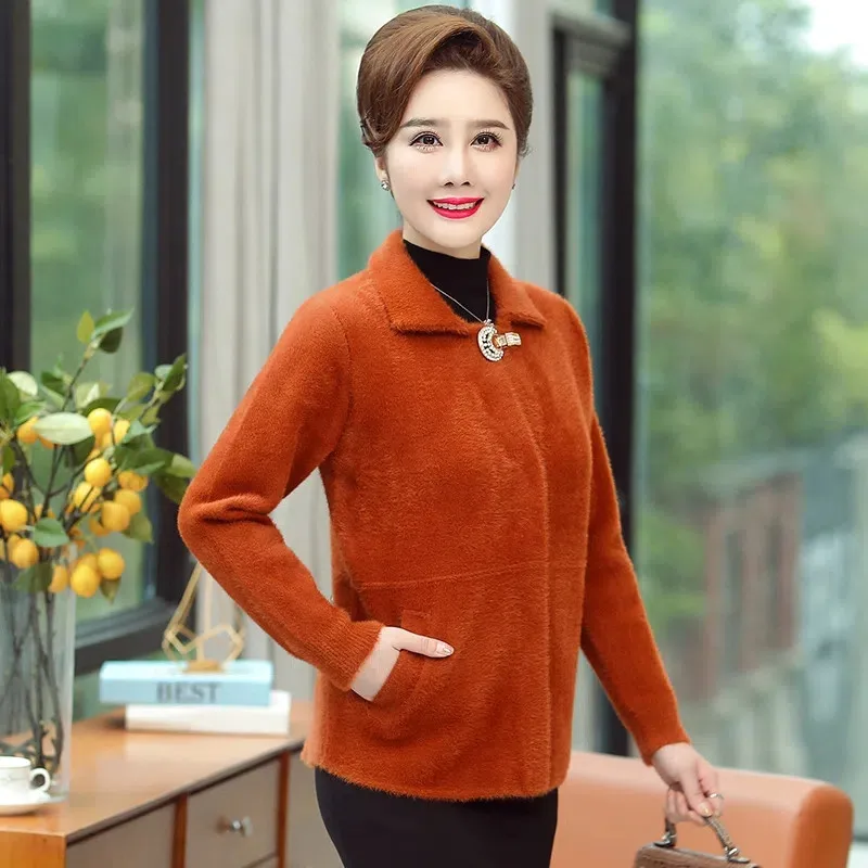 Imitation Mink Velvet Sweater Knitted Cardigan Coat Middle-Aged Elderly Women's Coat Tops Spring Autumn Jackets Female Outerwear