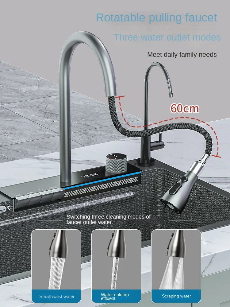 Imagem -03 - Cachoeira Kitchen Sink Slot Único Grande Integrado Digital Display Faucet Grupo Saboneteira Lavadora de Copos 304 Aço Inoxidável