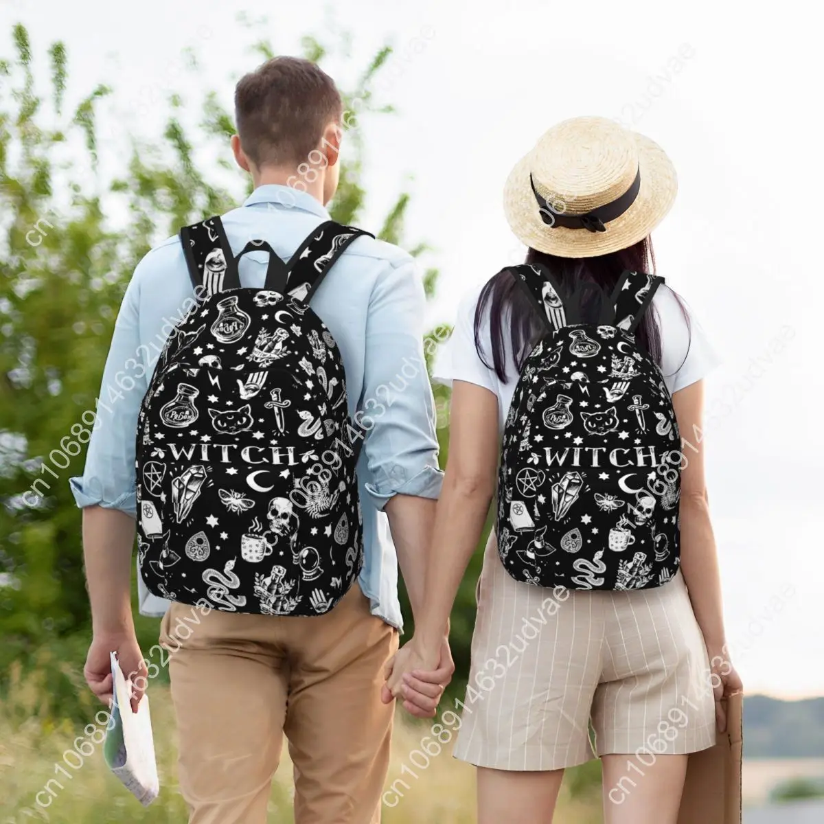 Witch Cat Pattern Backpack Elementary High College School Student Halloween Occult Gothic Magic Book Bags Teens Canvas Daypack