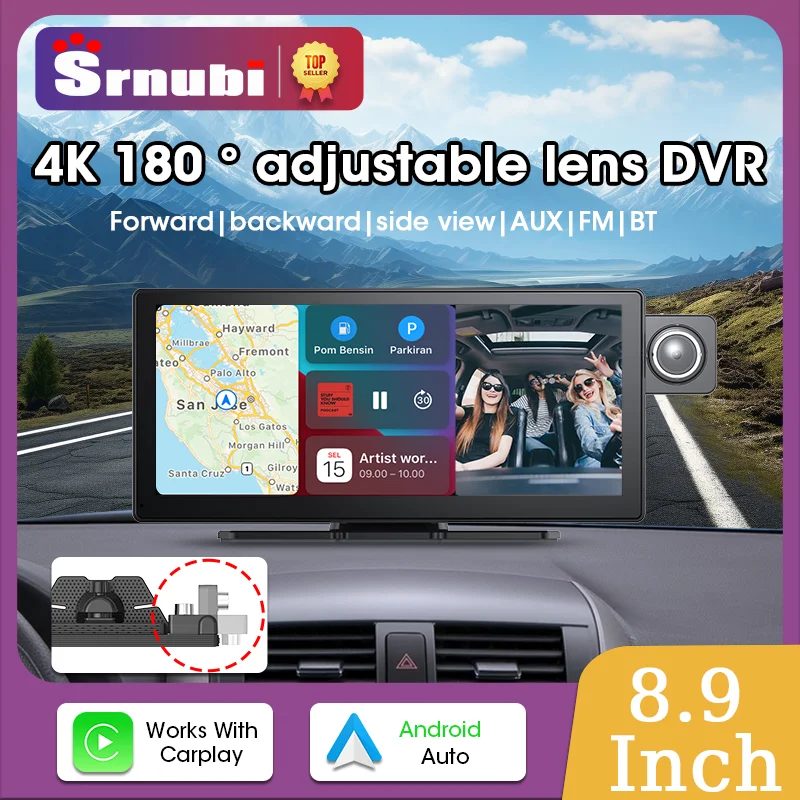 

Srnubi 4K 180° Adjustable Lens 8.9‘’Dash Cam Wireless CarPlay & Android Auto Car DVR GPS Navigation AI Voice Dual Recording DVr