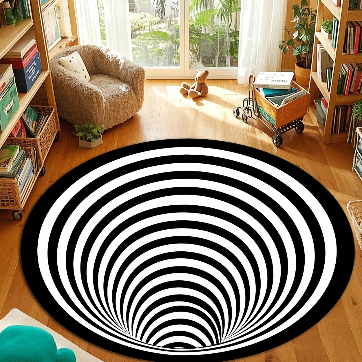 Black and White Spiral Stripe Pattern  Round Rug, Non-slip Floor Mat for Living Room, Bedroom, Bathroom, Holiday Home Decoration