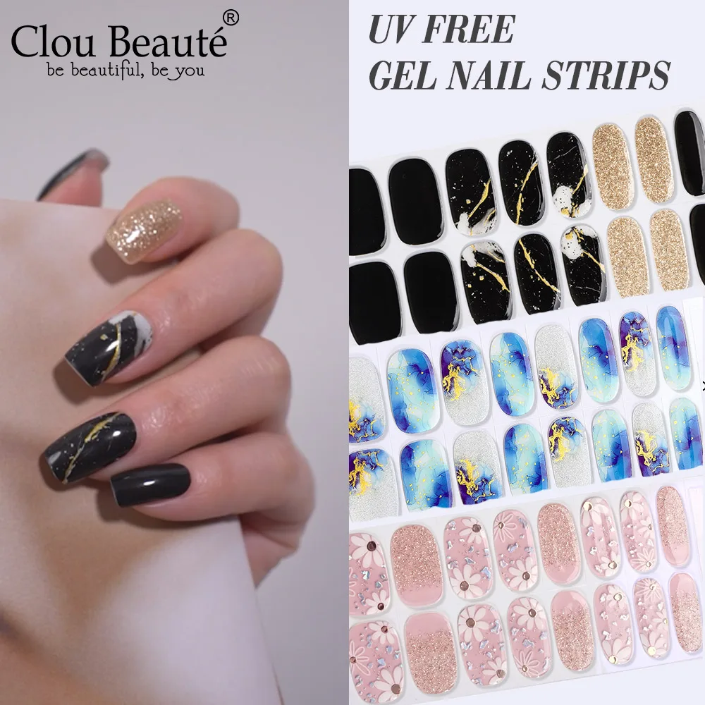 16 Tips UV Free Gel Nail Strips-Easy Apply Press On Nails DIY Manicure Set, No Harm Nail Art, False Nails Alternative