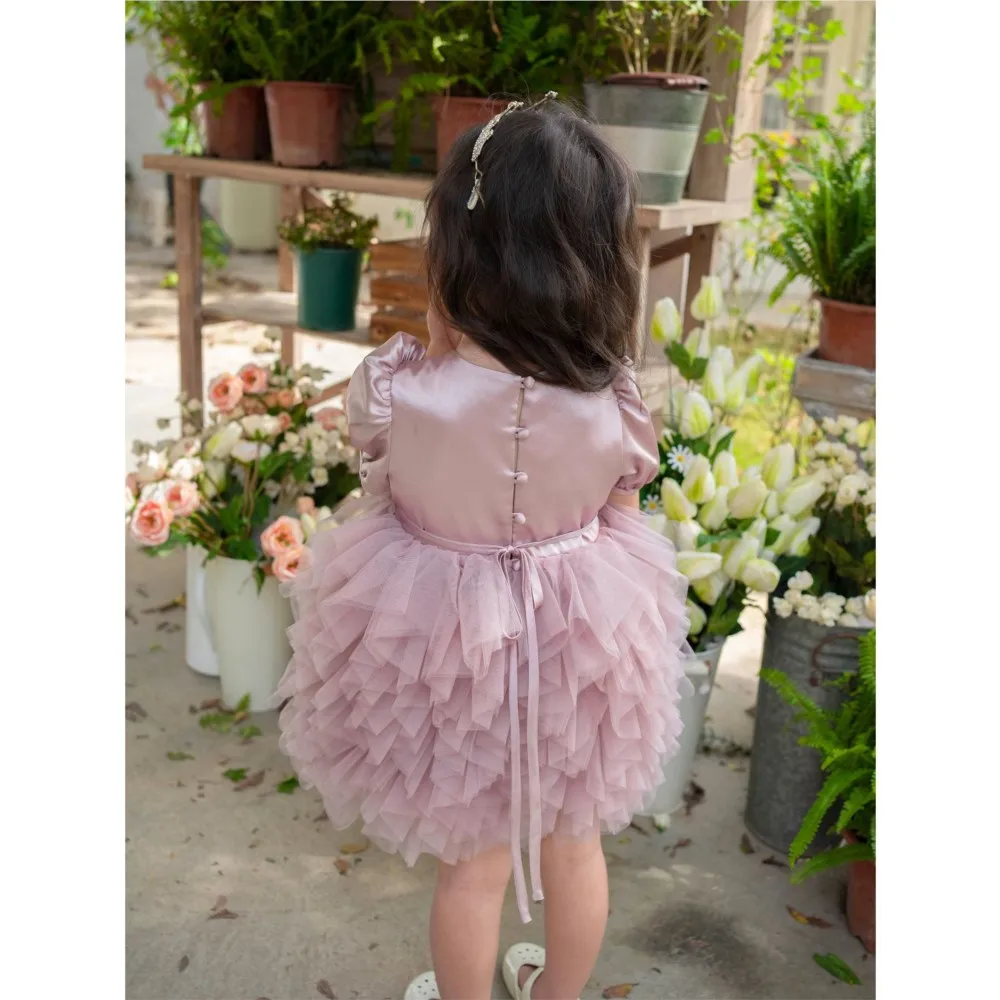 Soft patchwork dress for girls princess new baby girls birthday dress mesh pink cake dress