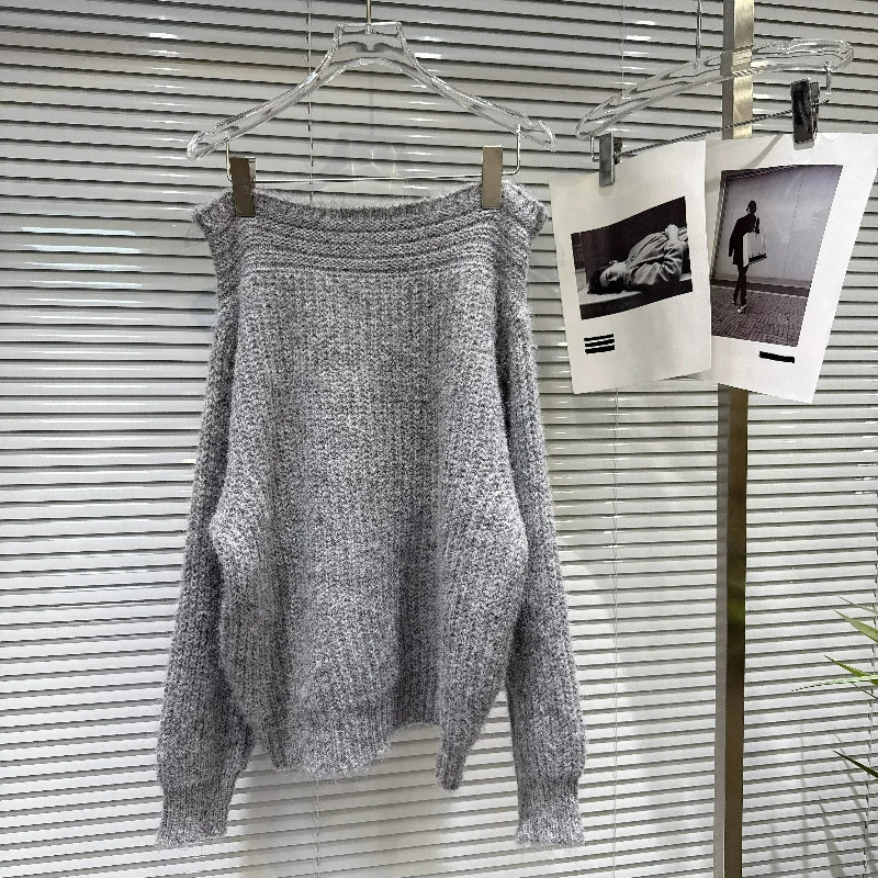 Women Gray Off Shoulder Knit Sweater Ruffle Layered Mini Shorts Two Piece Sets Y2k Knitwear Elegant Autumn Winter Female New