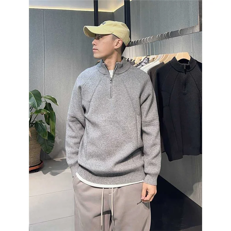 

Мужской трикотаж на молнии с высоким воротником, однотонный базовый слой, модный свободный крой, осень-зима, Новое поступление, универсальный цвет