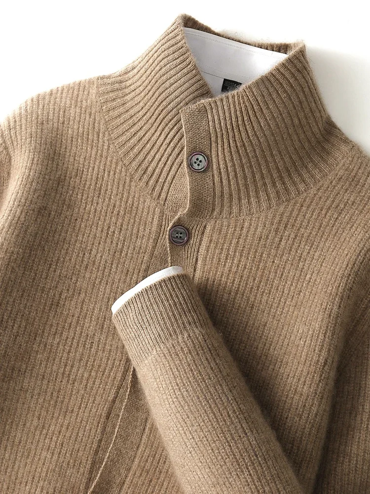 New Luxury Cashmere Cardigan for Men Mock Collar Thickening Sweater Autumn Winter Knitted Coat Soft Clothing Smart Casual Top