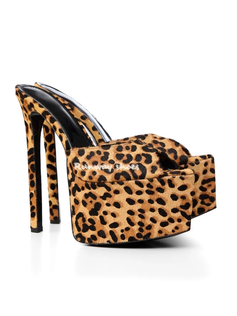 

Leopard Print Toes V-Shaped Slip-on Style Slippers Waterproof Platform Stilettos Handmade Luxury High Heels Banquet Shoes