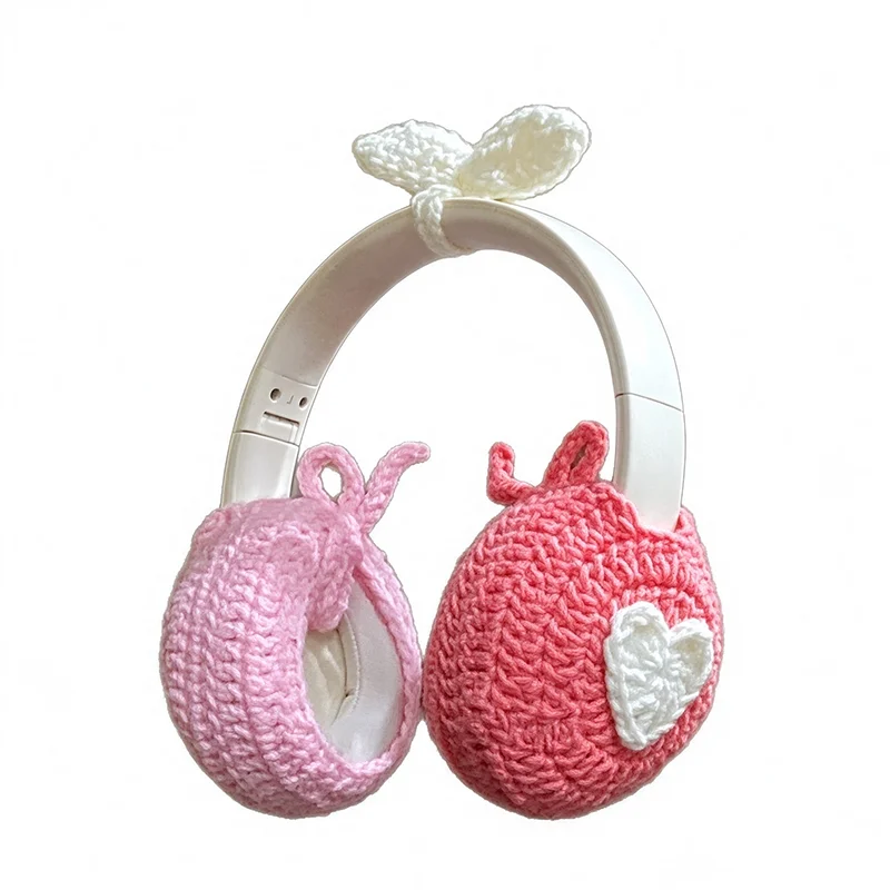 New Hand Knitted Headphone Protective Cover, Cute Heart Aesthetic Kawaii Handmade Headphone Sleeve for Over Ear Headphones