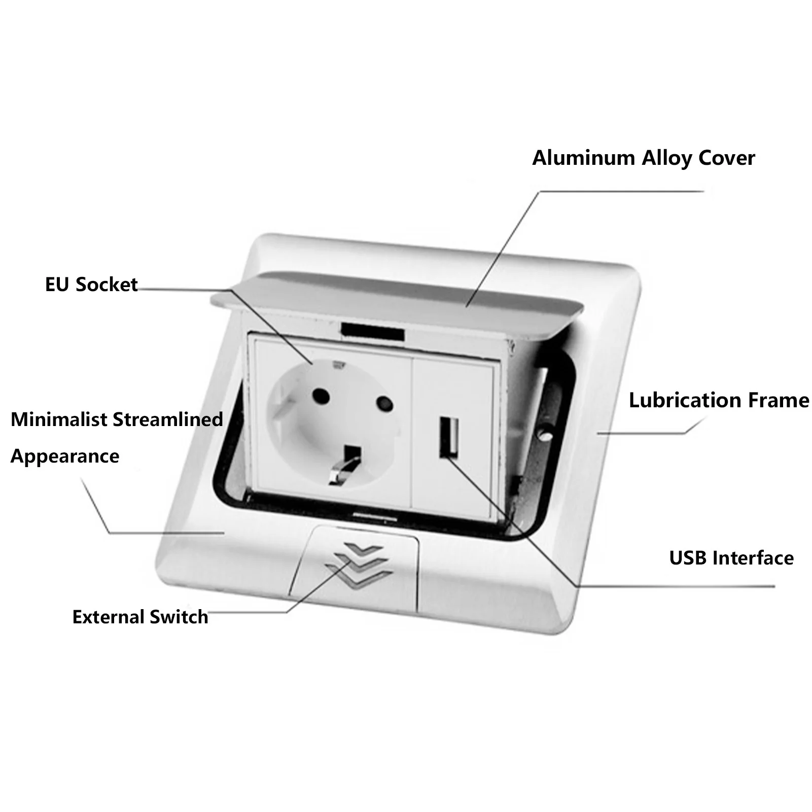 Imagen 7: Caja de enchufe de suelo, toma de corriente de suelo, caja de enchufe integrada, accesorios de alimentación USB estándar de la UE, toma de corriente de 250V 16A