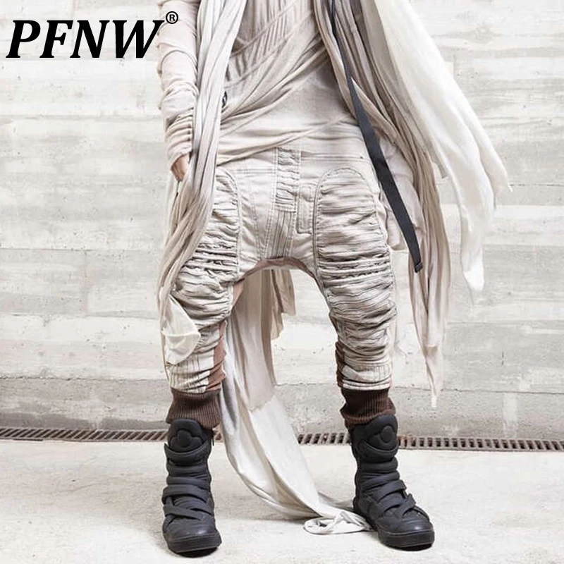 PFNW High Quality Asymmetrical Tucks & Color Blocked Washed & Aged White Casual Pants Ealstic Waist Cross Trousers 2025 12C1991