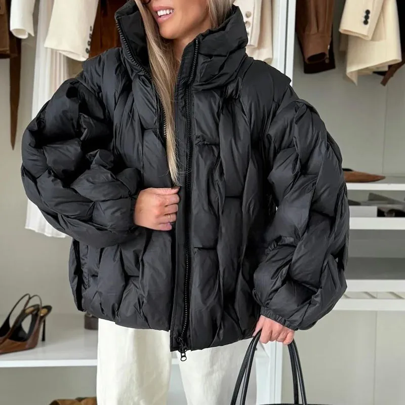 Colletto alla coreana alla moda Giubbotti in cotone Donna Casual Manica lunga Tinta unita Capispalla morbido Elegante cerniera Cappotti imbottiti a rombi