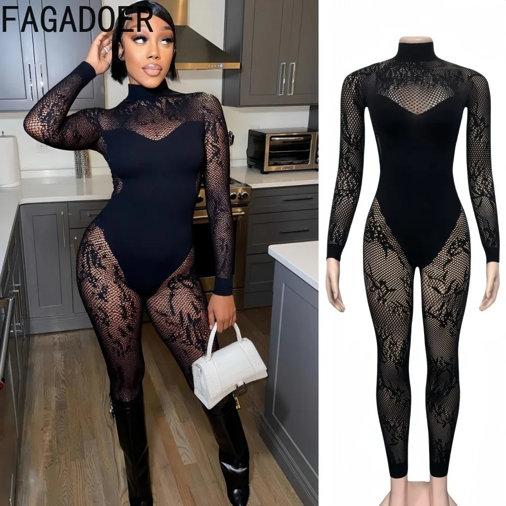 FAGADOER Summer New Sexy Quality Lace Bodycon Jumpsuit Women Hollow Out See Through Backless Romper Female Streetwear Overalls