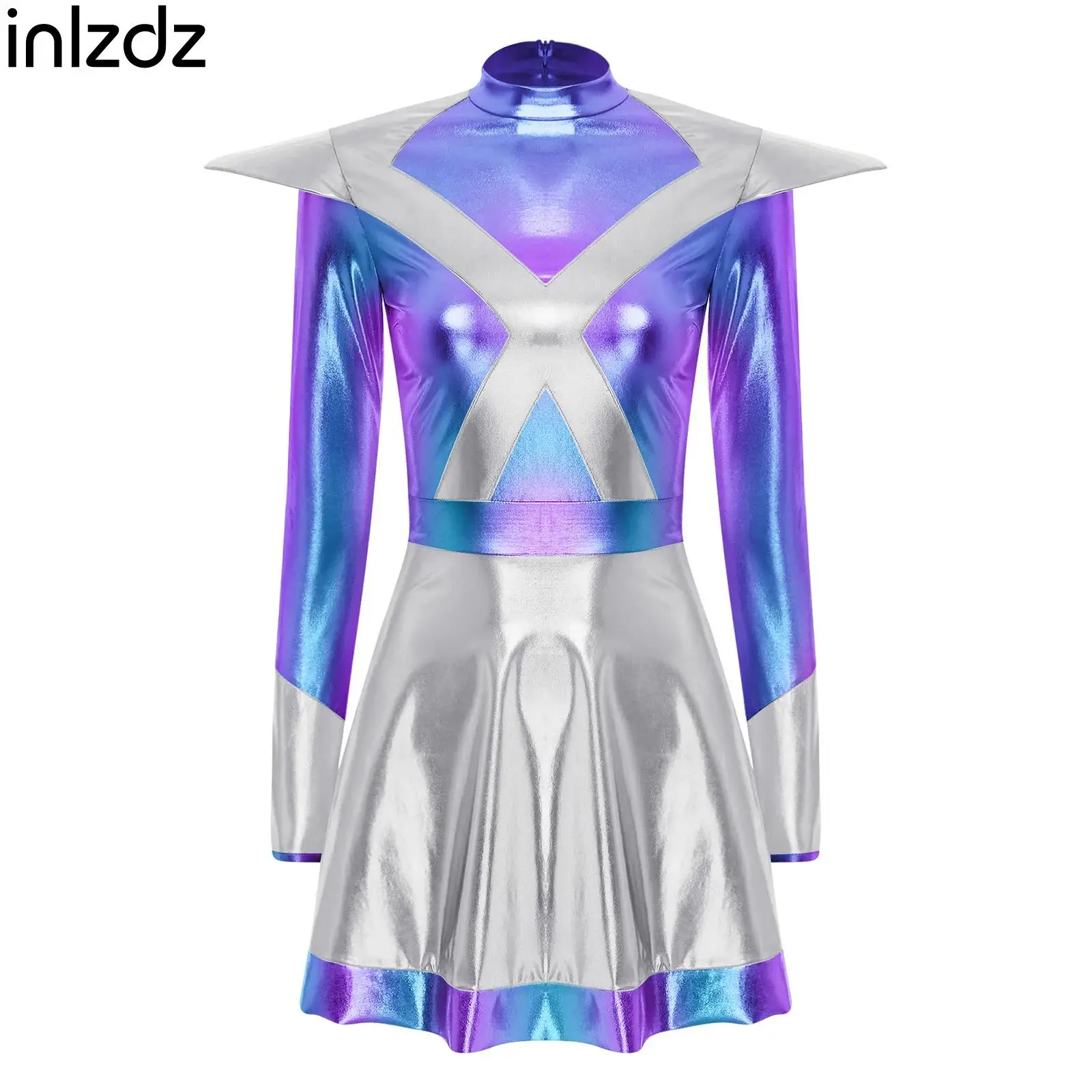 

Womens Alien Astronaut Cosplay Dress Long Sleeve with Flap Metallic Shiny Dress Space Female Warrior Dress for Halloween Party