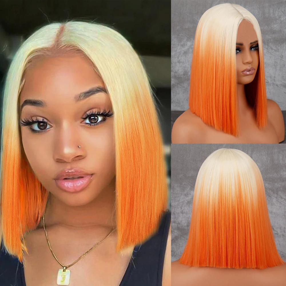 Short Straight Bob Syntheic Wigs With Bangs Synthetic Fiber Wigs 613/Orange Color Heat Resistant Wigs For Women 613/Pink