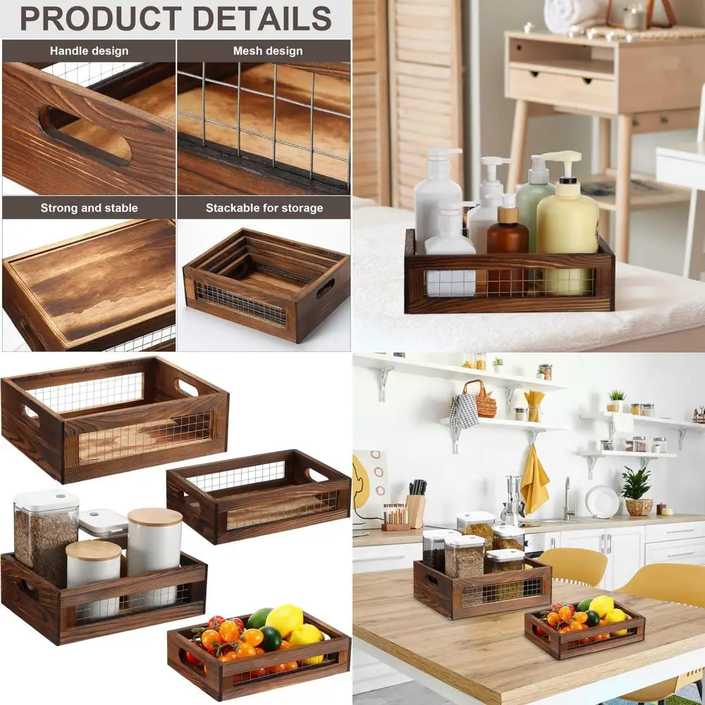 

Set of 4 Walnut Wooden Nested Storage Baskets with Handles for Kitchen & Bathroom, Multipurpose Use