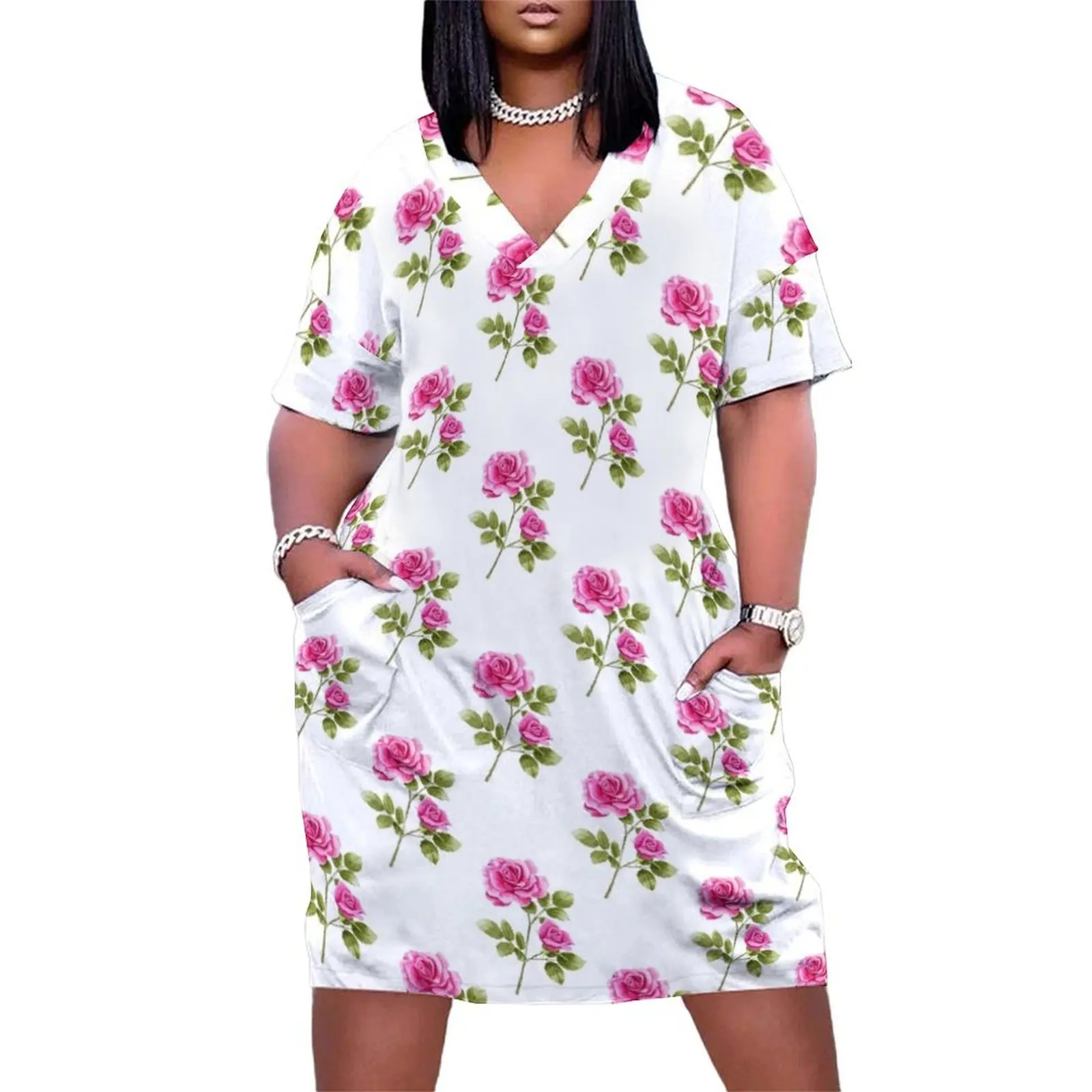 

Pink rose branch, illustration in watercolor style, no background Loose Pocket Dress Aesthetic clothing Female clothing