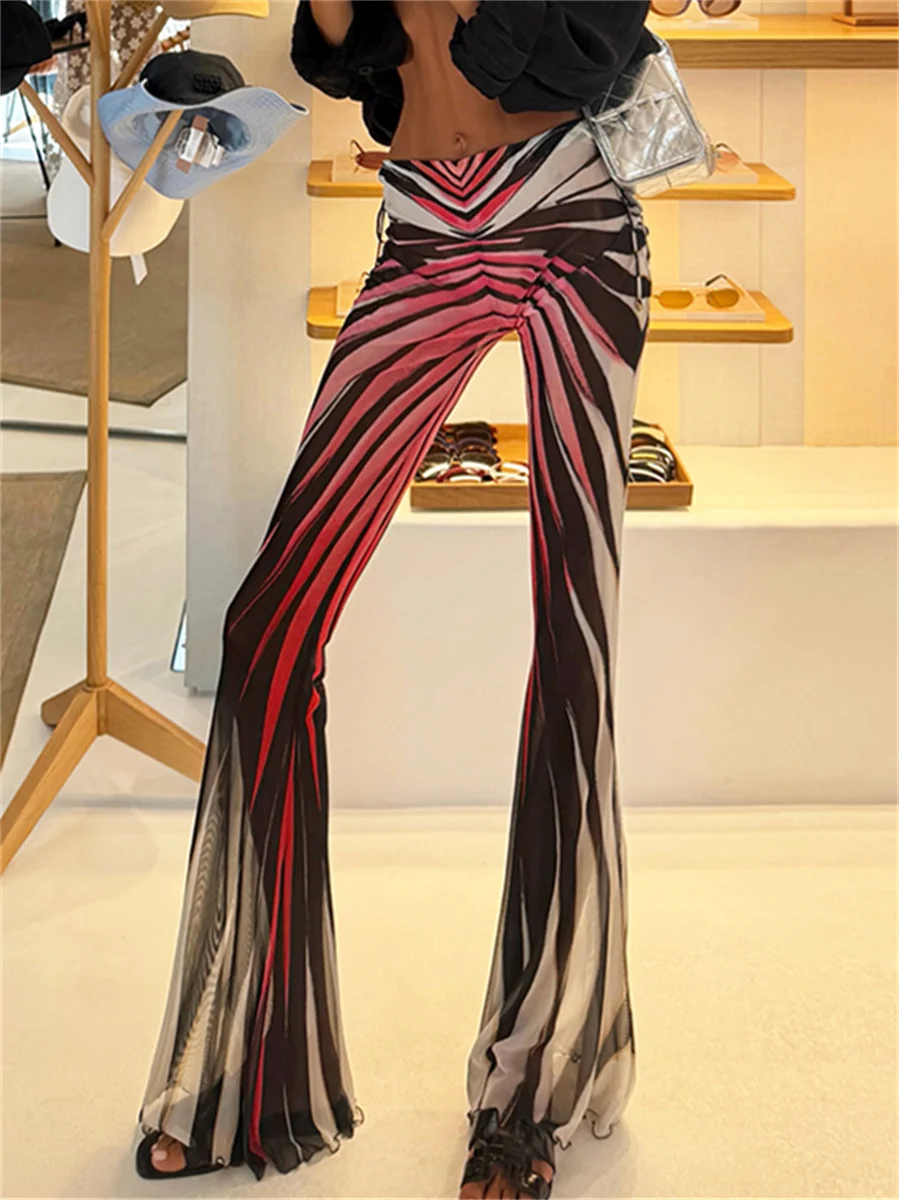 Weird Puss Hottie Air Print Pants Women Fashion Autumn Elastic Waist Patchwork Wild Midnight Streetwear Trend Chic Bell-Bottoms