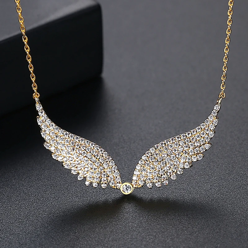 LUOTEEMI Gold Color Angle\'s Wings Fashion Cubic Zirconia Necklace for Women Crystal Sweater Free Shipping Collares Para Mujer