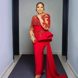 Vestidos de baile árabe Aso Ebi para mulheres, plus size, renda vermelha, apliques pura, mangas compridas, vestidos de noite com bainha, vestido de festa 10 principais vendas vestido longo de festa bordado - №8