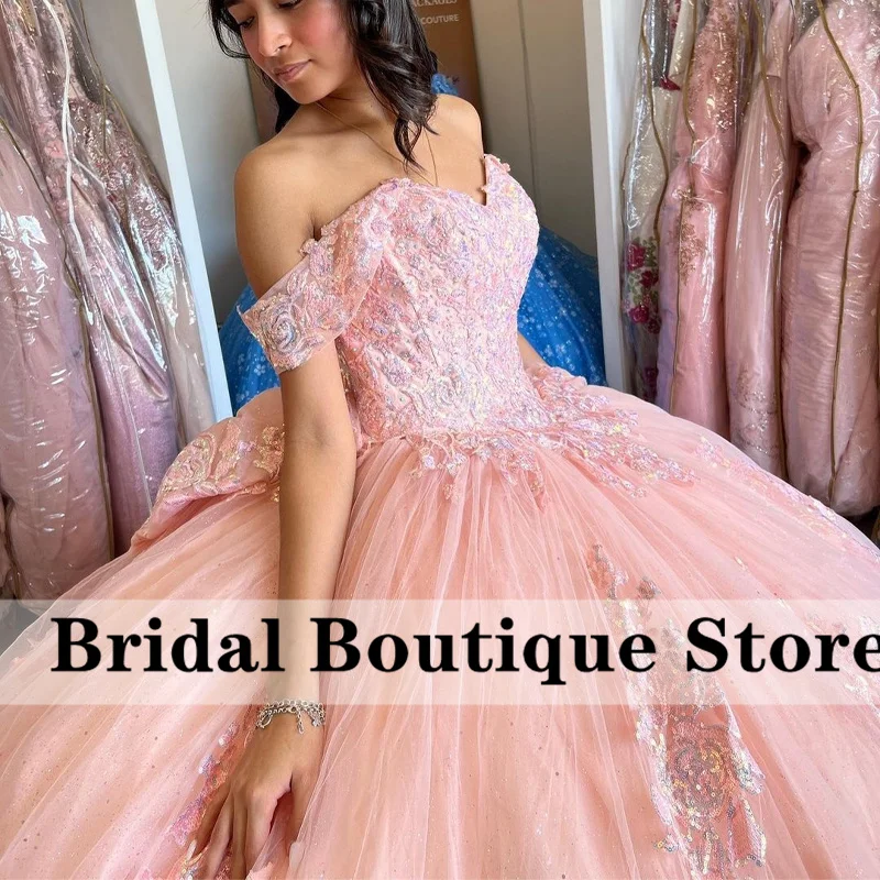 Bầu Trời Màu Xanh Bóng Gown Quinceañera Dresses 2022 Bow Tắt Vai Đính Cườm Appliques Sequins Ngọt Ngào 16 Váy Vestidos De 15 Letih 2023