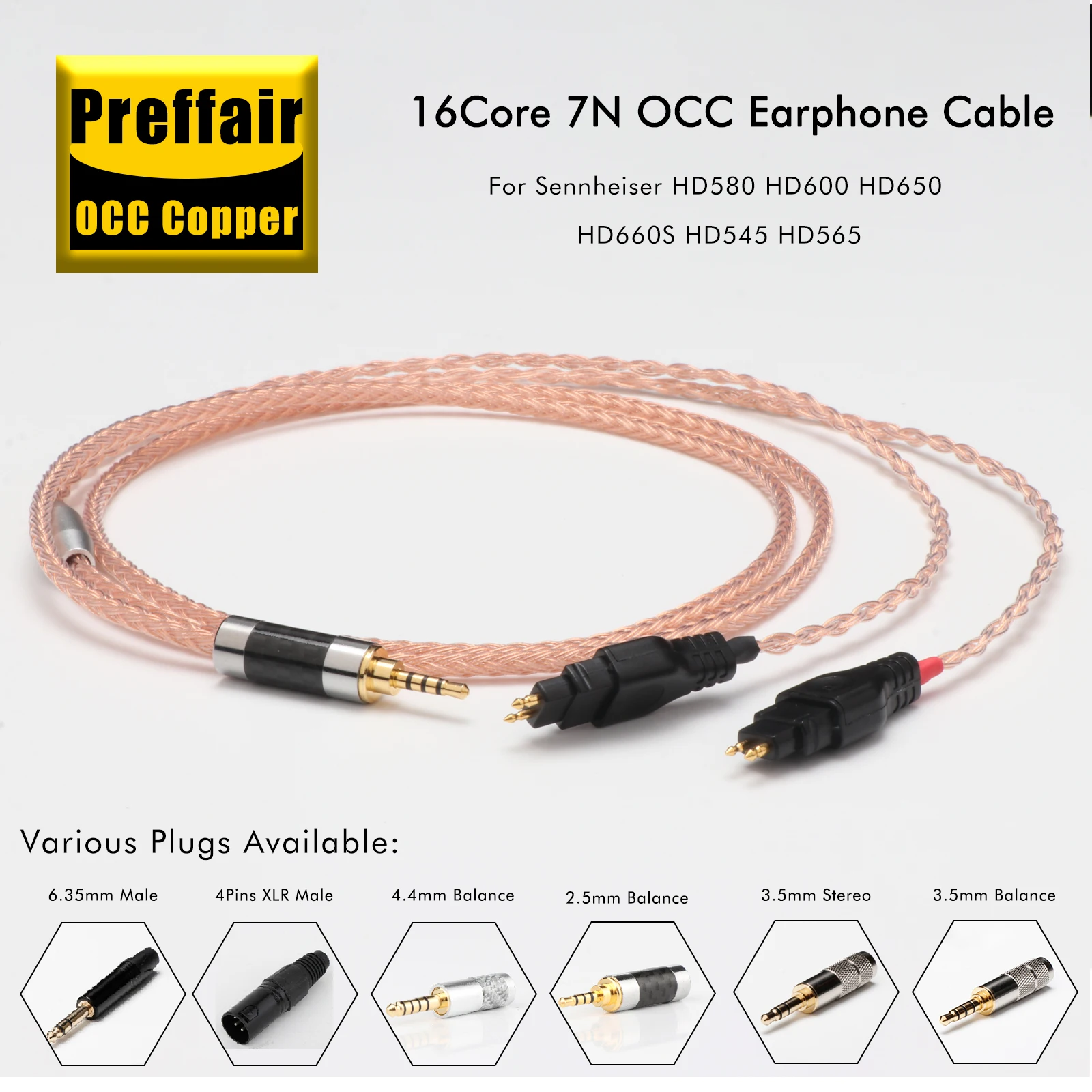 Preffair 16Core 7N OCC Copper Headphone Upgrade Cable For HD650 HD600 HD660S 2.5/3.5/4.4mm Balanced 4Pin XLR 6.35mm Audio Wire