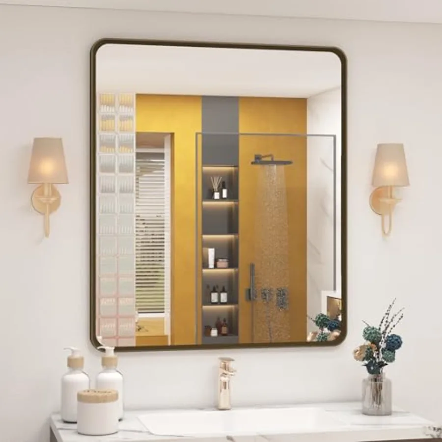 

24 x 28 Bronze Bathroom Mirror, Metal Framed Mirror, Rounded Bronze Rectangle Mirror for Farmhouse, Bedroom, Anti-Rust Horizont