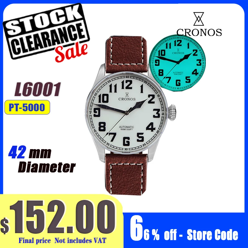 Cronos Pilot Flieger Men Mechanical Watch Stainless Steel Blue Light Luminous Sapphire Crystal Skeleton Back Leather Strap