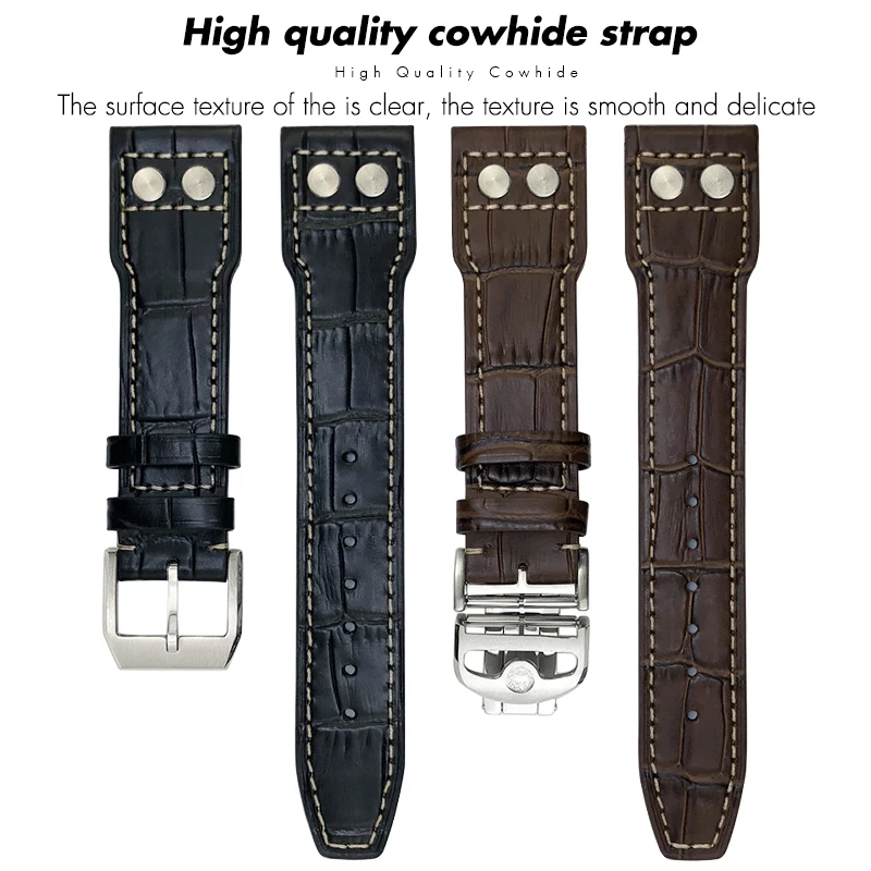 Leather Watchband 20mm 21mm 22mm With Rivets for IWC Portofino Big Pilot\'s Watches Spitfire TOP GUN Brown Real Cowhide Strap