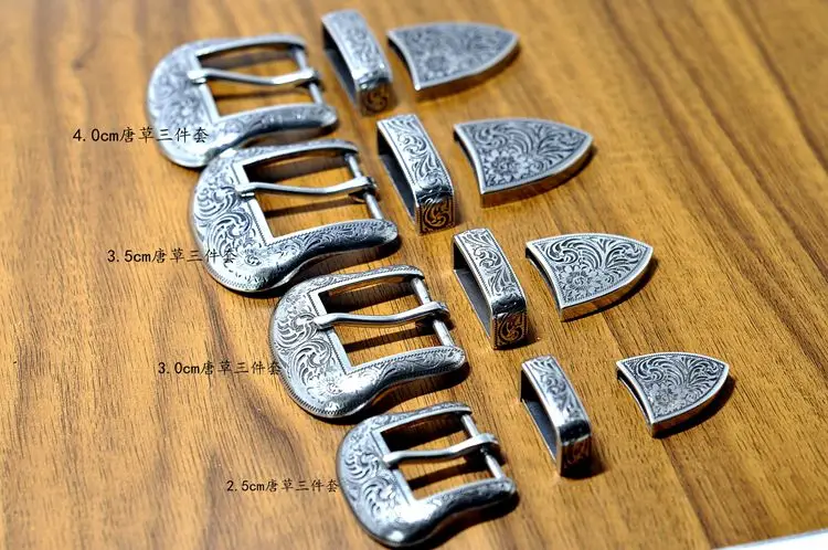 4 size vintage carve pattern beautiful metal women men DIY leather craft belt buckle set antique silver color 3pcs parts/set