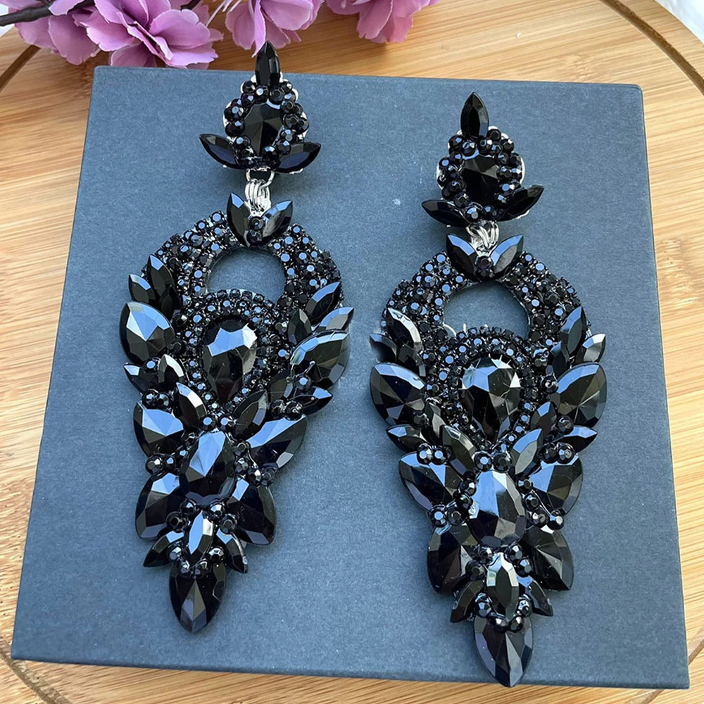 Stonefans Black Large Rhinestone Dangle Earrings Stud for Women 2023 Party Accessories Crystal Earrings Wedding Jewelry Gift