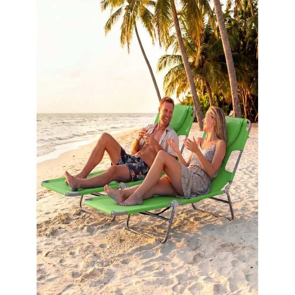 Beach Lounge Chair With 5Position Backrest, Portable Reclining Sun Lounger With Pillow, QuickFold Outdoor Chaise For Poolside L