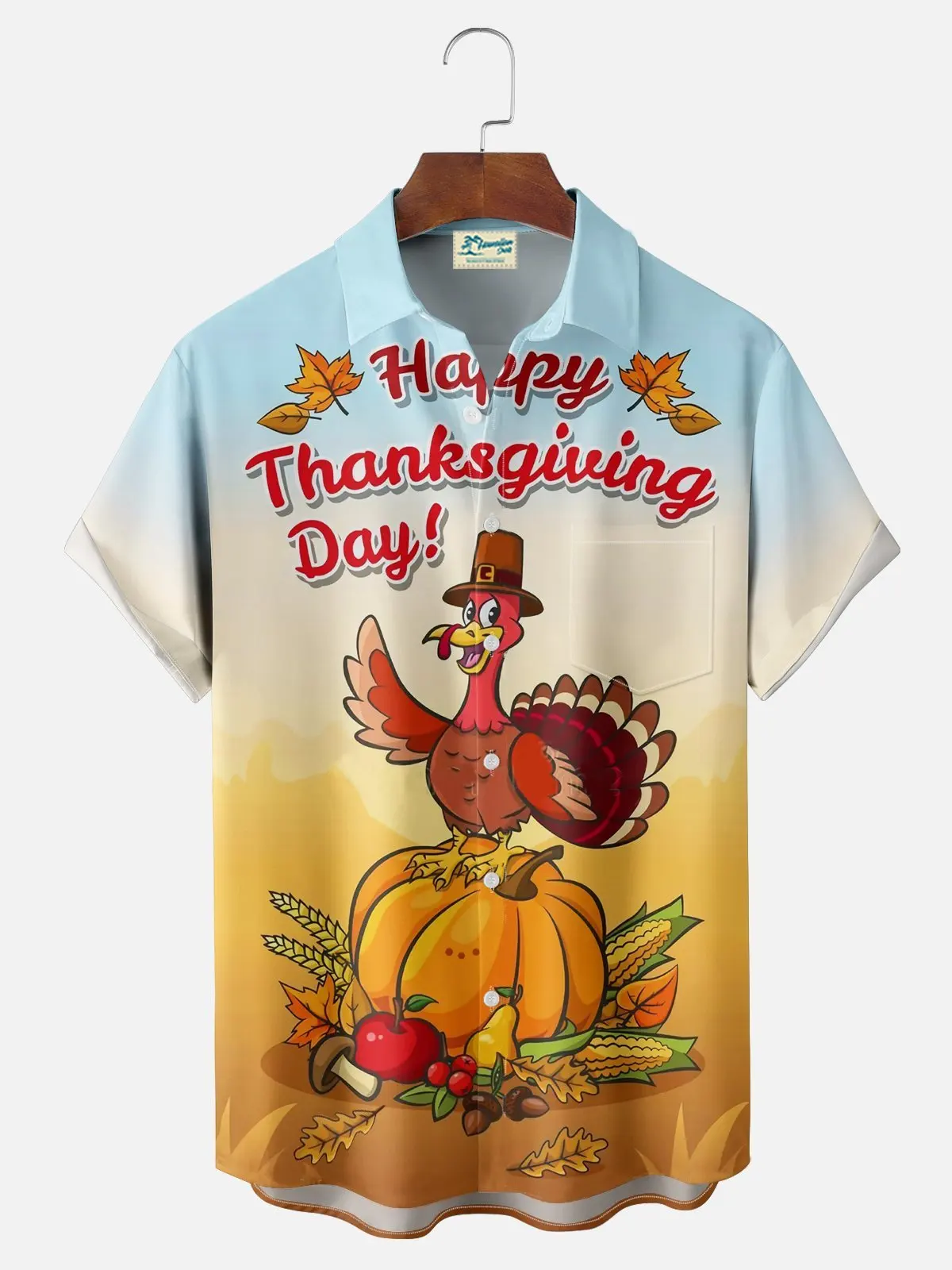 Casual Lapel Thanksgiving Shirt Tops Mens Clothing Hawaiian Shirts Mens Shirts 3d Turkey Maple Leaf Print Short Sleeve Shirts