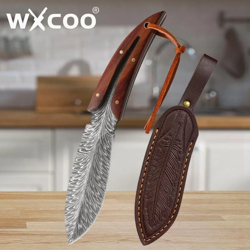 

WXCOO нож мясника для обвалки из нержавеющей стали, профессиональные кухонные ножи с ножнами, кованый нож для мяса, нож с узором из перьев